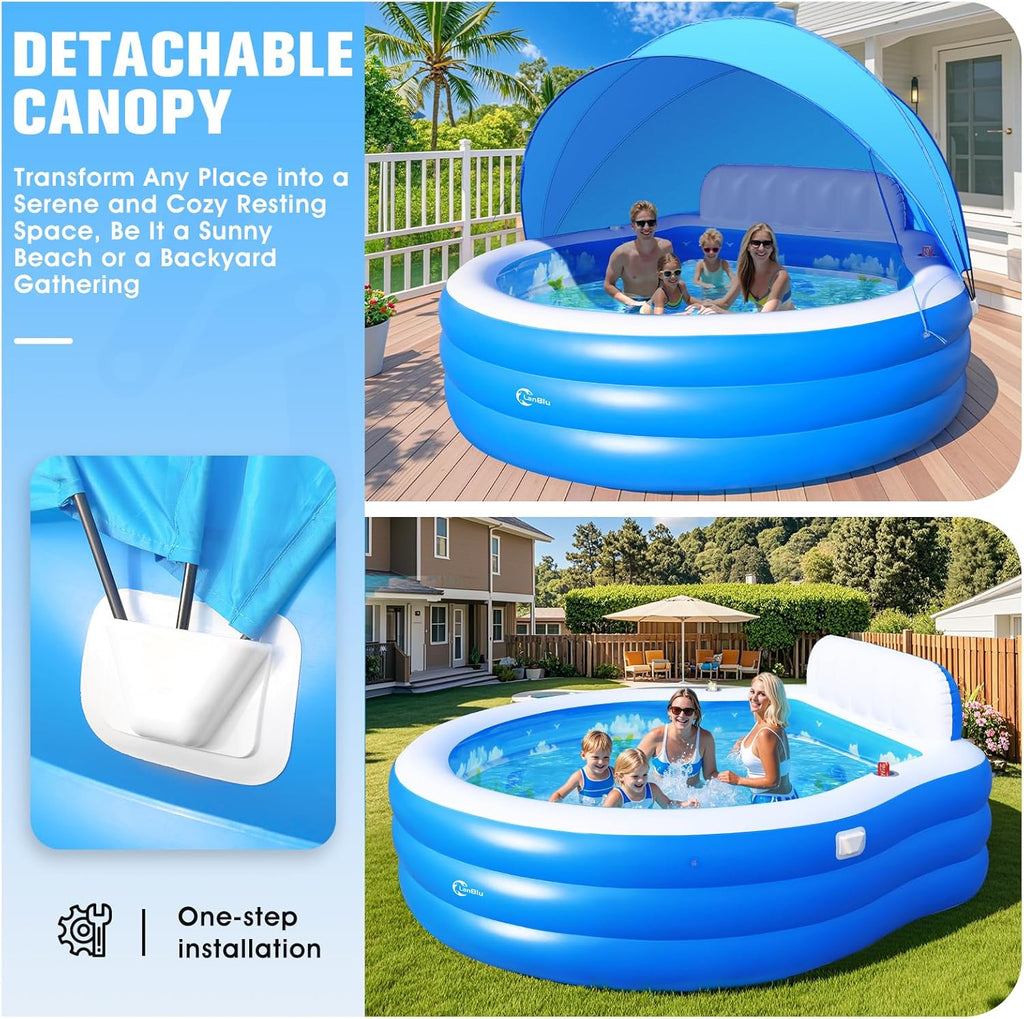 2025 Upgraded Inflatable Pool with Canopy, Inflatable Family Lounge Pool, Round Blow Up Pool for Adult with Bench & Backrest, Swim Center Easy Backyard Pools for Kids & Adults, 92x92x26, Blue