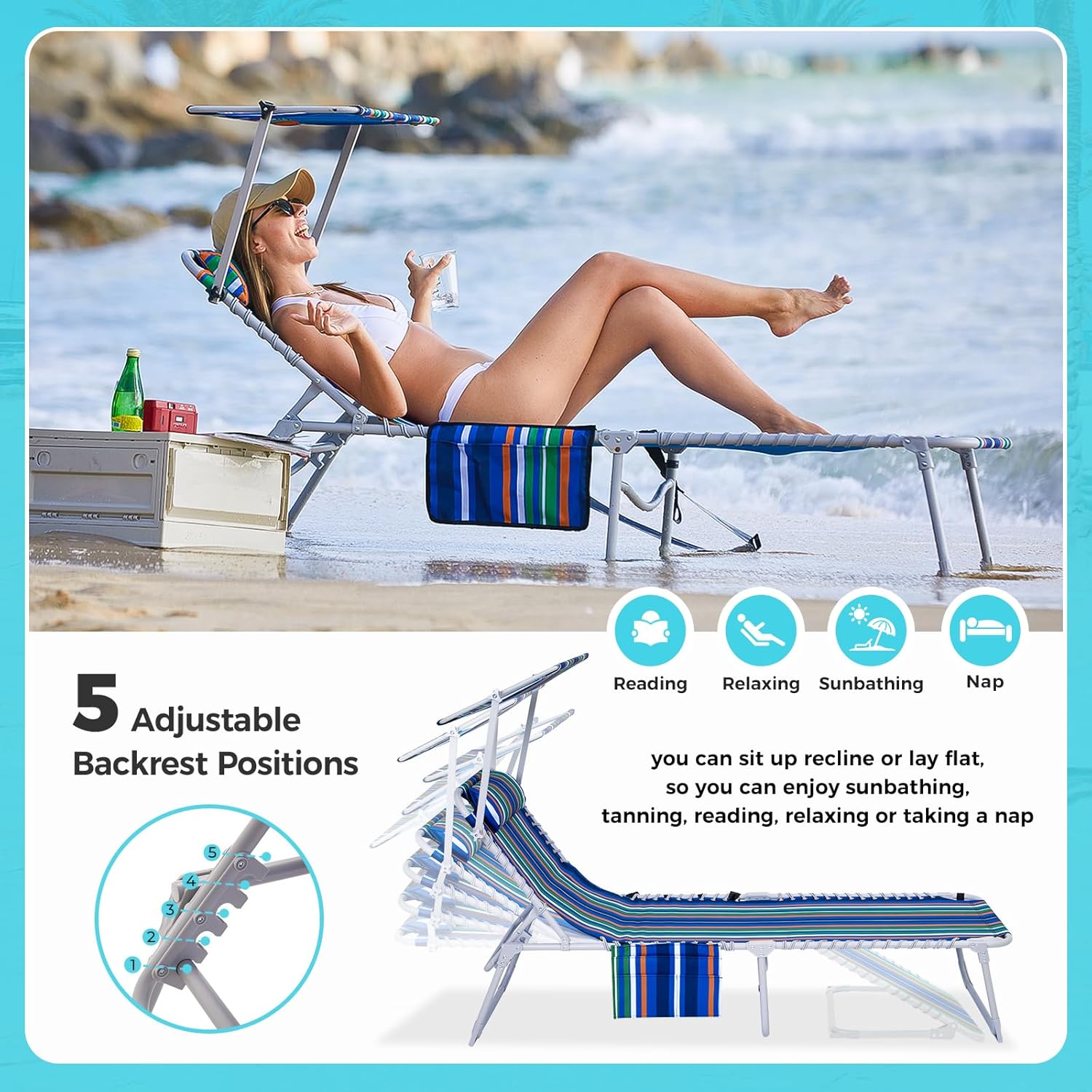 2 Pack Outdoor Chaise Lounge Chair - Portable Folding Patio Pool Lounge Chair, 5 Positions Adjustable Reclining Camping Chair with Side Table,Shoulder Strap, Pillow for Beach Sunbathing Lawn