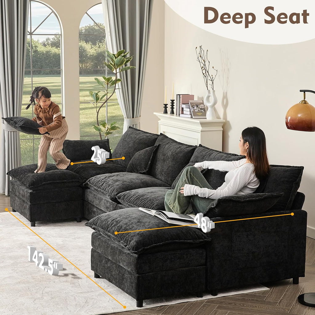 108 U Shaped Couch, Modular Sectional Sofa, 3-Seater Comfy Cloud Couch with Movable Ottoman, Deep Seat Couches for Living Room, Chenille, Slate