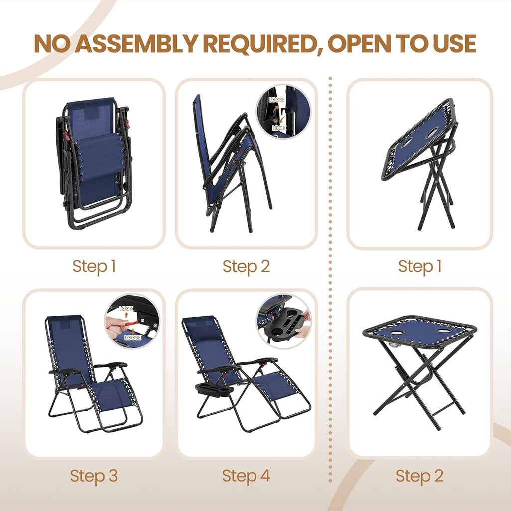 3PCS Zero Gravity Recliner Portable Outdoor Reclining Chair Set w/Side Table Folding Chaise Lounge Chairs
