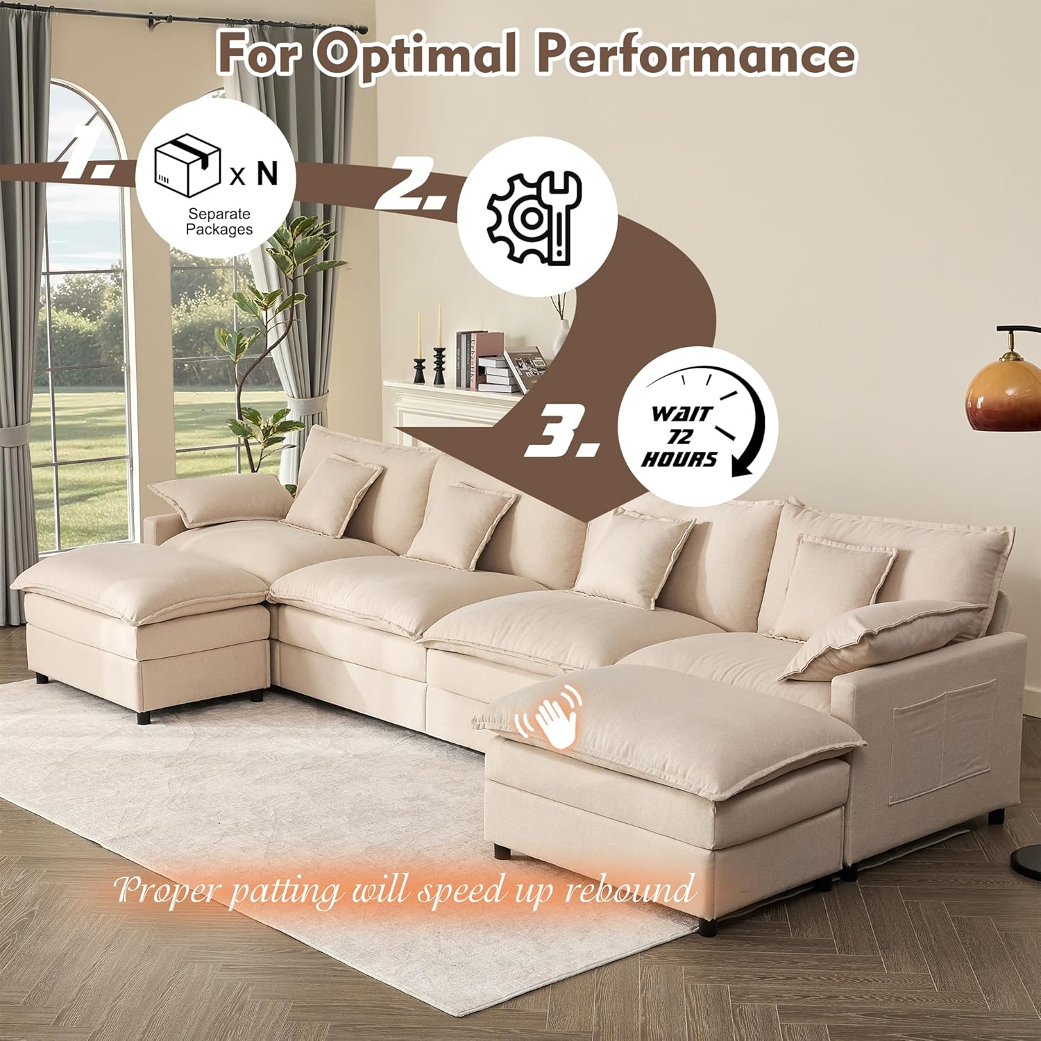 108 U Shaped Couch, Modular Sectional Sofa, 3-Seater Comfy Cloud Couch with Movable Ottoman, Deep Seat Couches for Living Room, Chenille, Slate