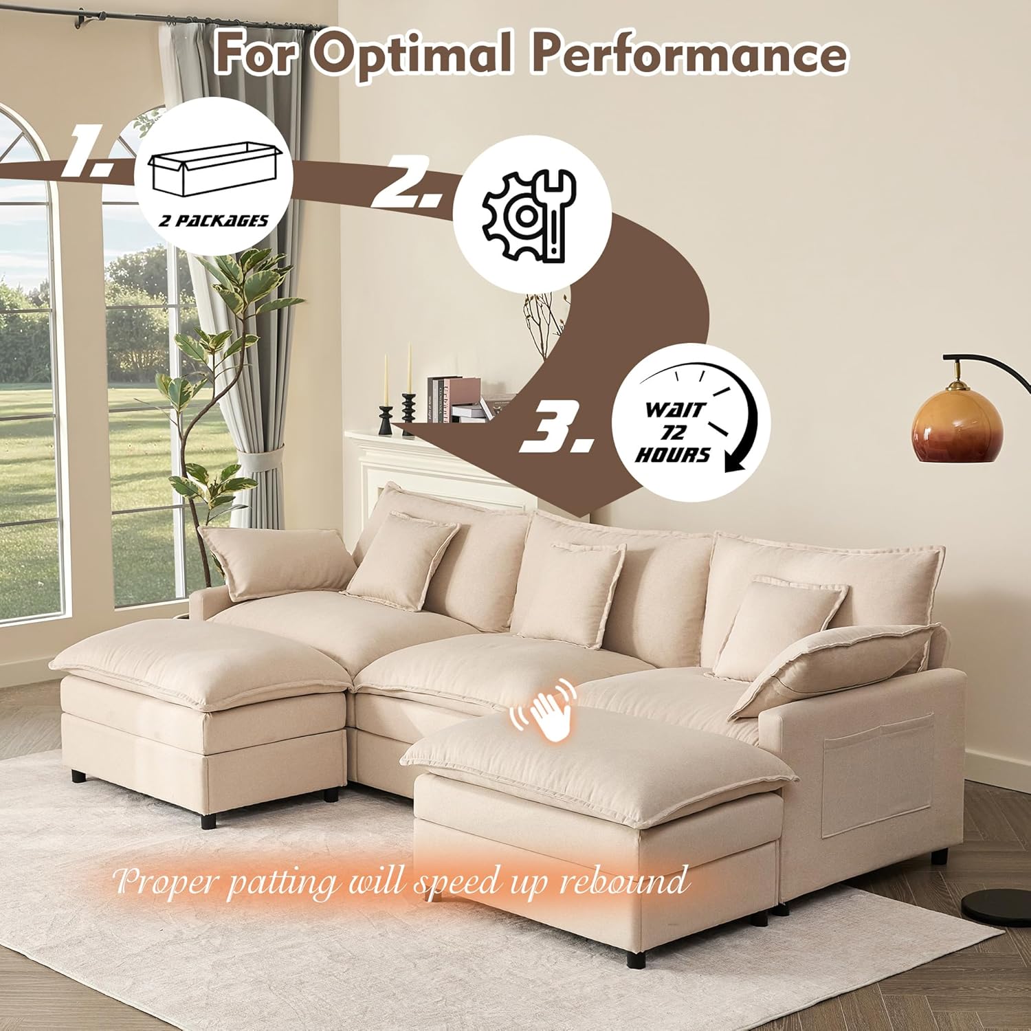 108 U Shaped Couch, Modular Sectional Sofa, 3-Seater Comfy Cloud Couch with Movable Ottoman, Deep Seat Couches for Living Room, Chenille, Slate