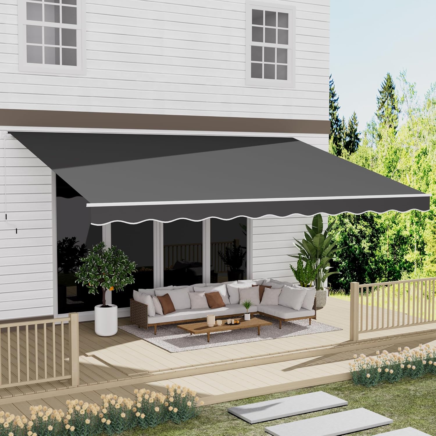 13 x 10 Awning for Patio, Sunsetter Retractable Awning Waterproof Cover Outdoor Patio Canopy, Sun Shade with Manual Crank Handle, Porch Shades for Outdoor, House, Deck, Dark Gray