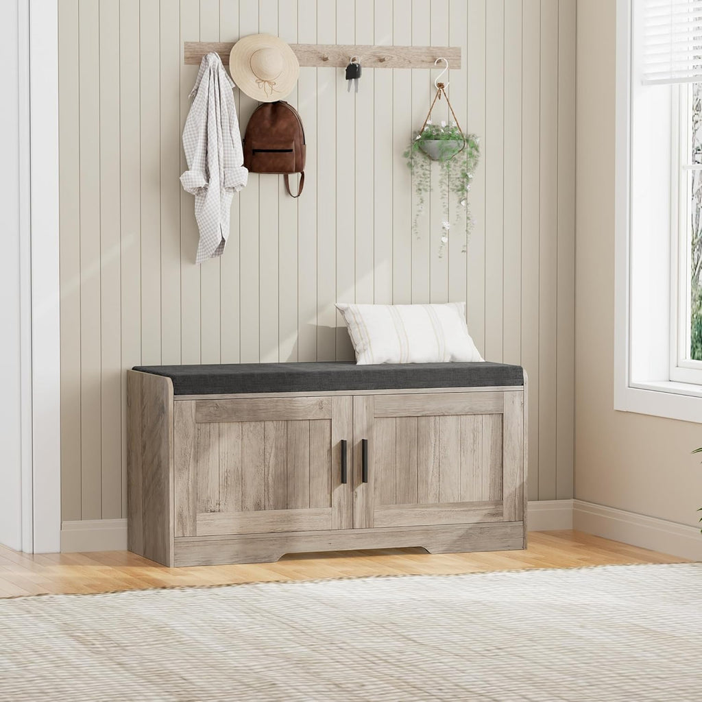 2-Tier Storage Bench, Shoe Bench with Thickened Padded Seat Cushion, Entryway Bench with 4 Doors, Adjustable Shelf, 13.8 D x 45.3 W x 18.5 H, for Entryway, Living Room, Bedroom, White