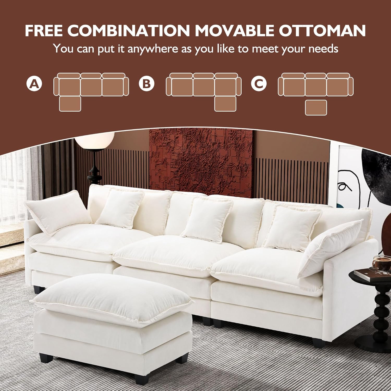 111.4 Inch L-Shaped Modern Sofa Modular Cloud Sofa Ottoman 4-Seater Chenille Deep Seat Sofa