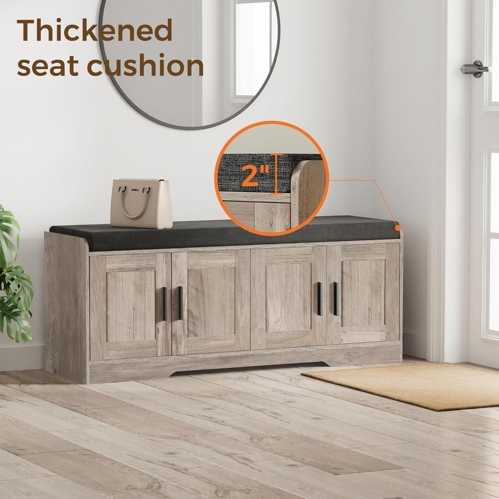 2-Tier Storage Bench, Shoe Bench with Thickened Padded Seat Cushion, Entryway Bench with 4 Doors, Adjustable Shelf, 13.8 D x 45.3 W x 18.5 H, for Entryway, Living Room, Bedroom, White