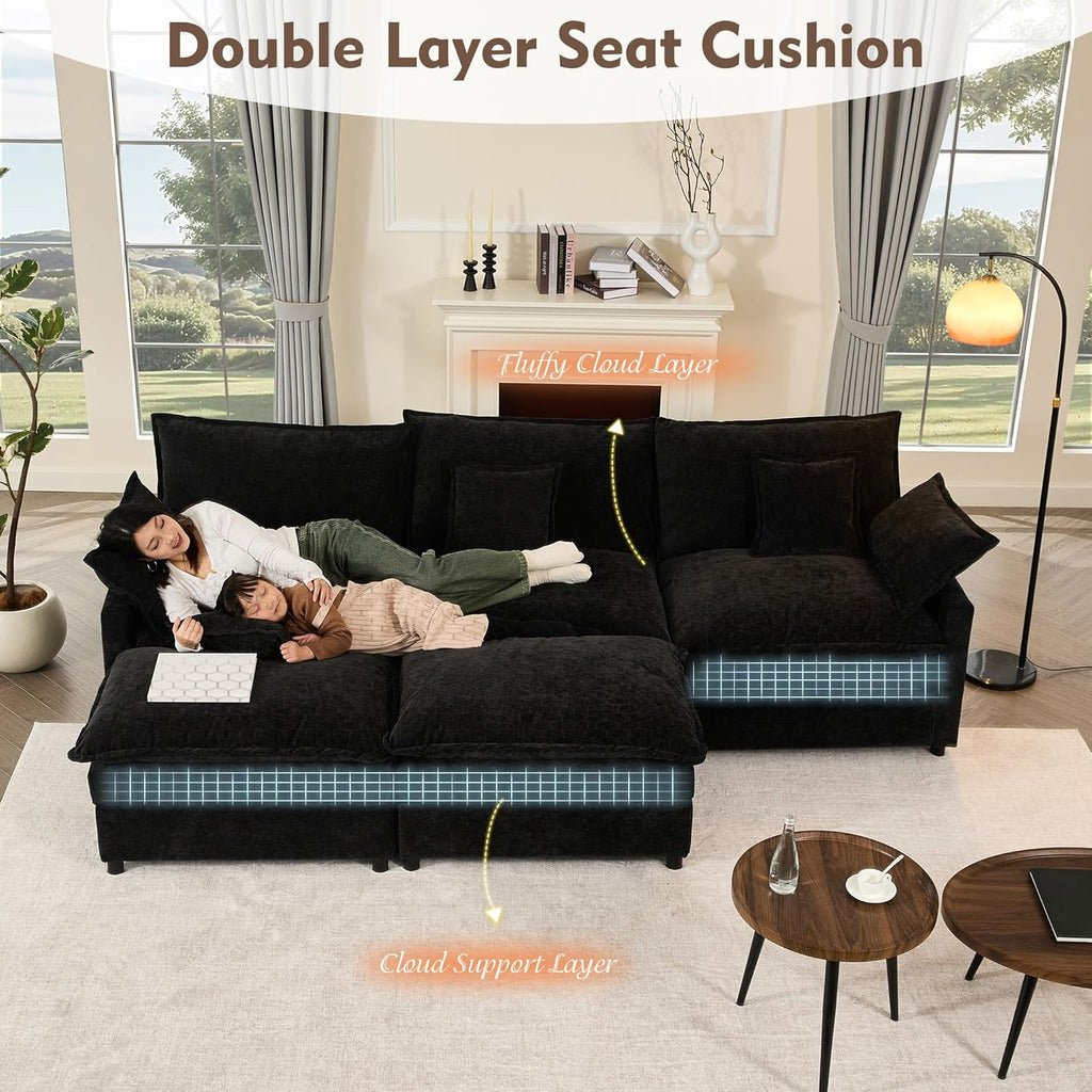 108 U Shaped Couch, Modular Sectional Sofa, 3-Seater Comfy Cloud Couch with Movable Ottoman, Deep Seat Couches for Living Room, Chenille, Slate