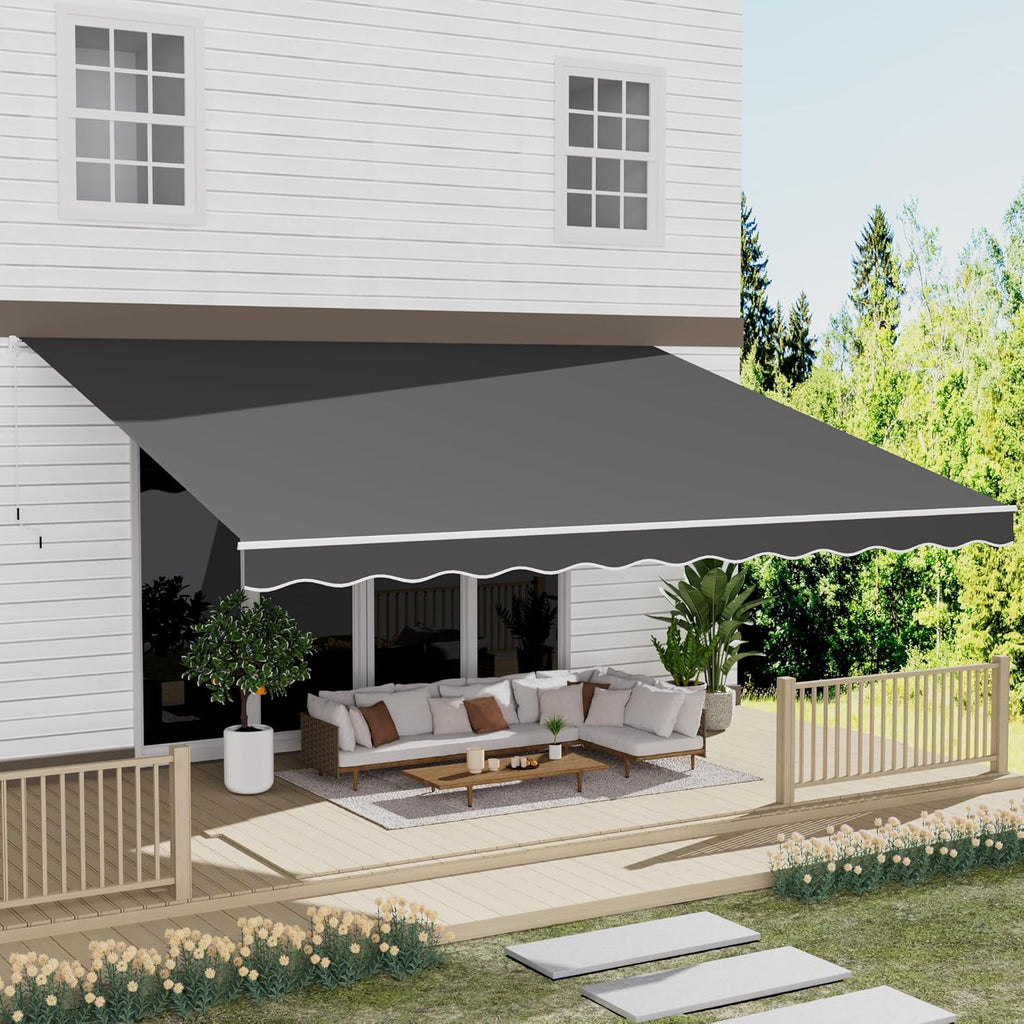 13 x 10 Awning for Patio, Sunsetter Retractable Awning Waterproof Cover Outdoor Patio Canopy, Sun Shade with Manual Crank Handle, Porch Shades for Outdoor, House, Deck, Dark Gray