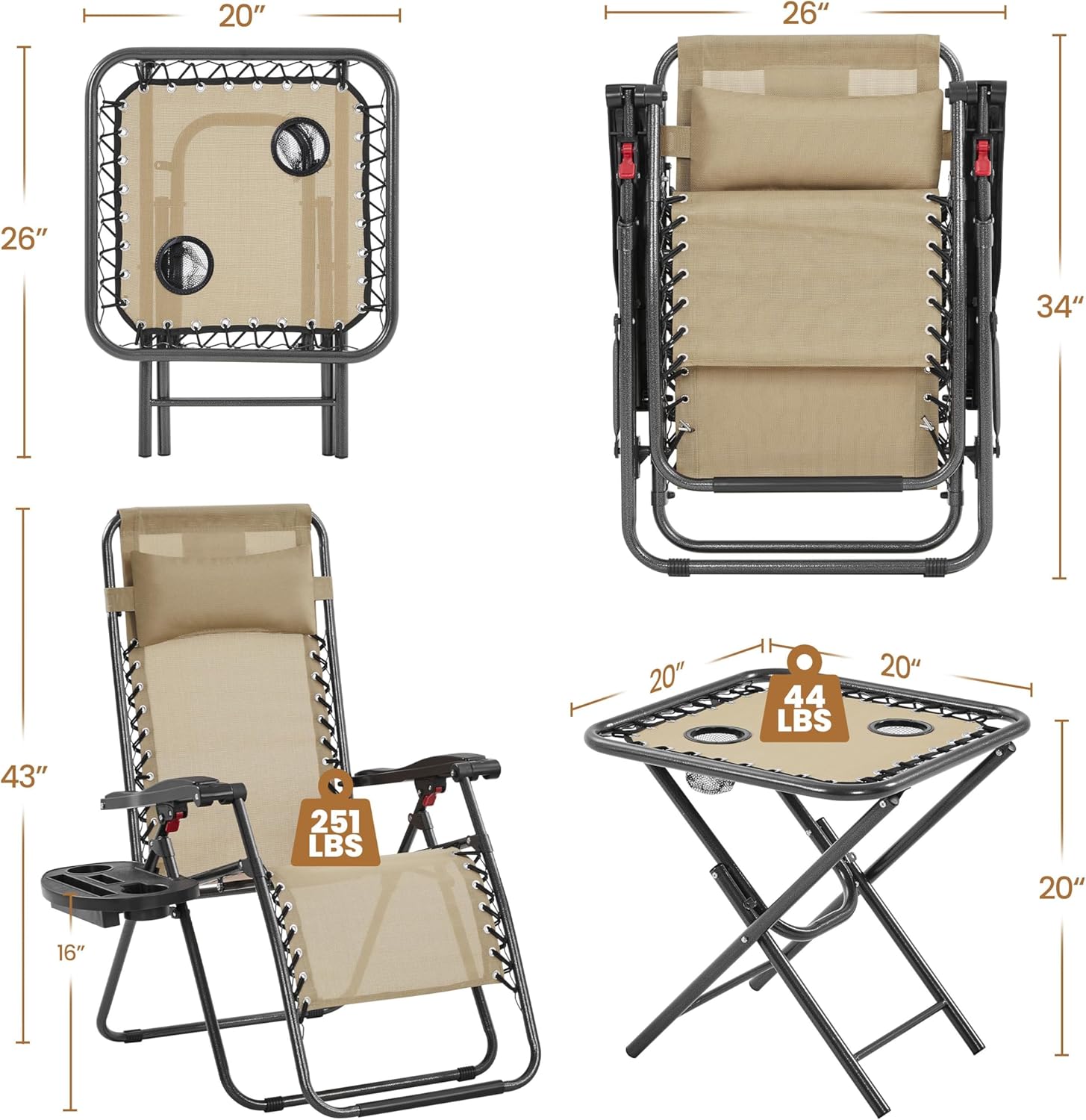 3PCS Zero Gravity Recliner Portable Outdoor Reclining Chair Set w/Side Table Folding Chaise Lounge Chairs