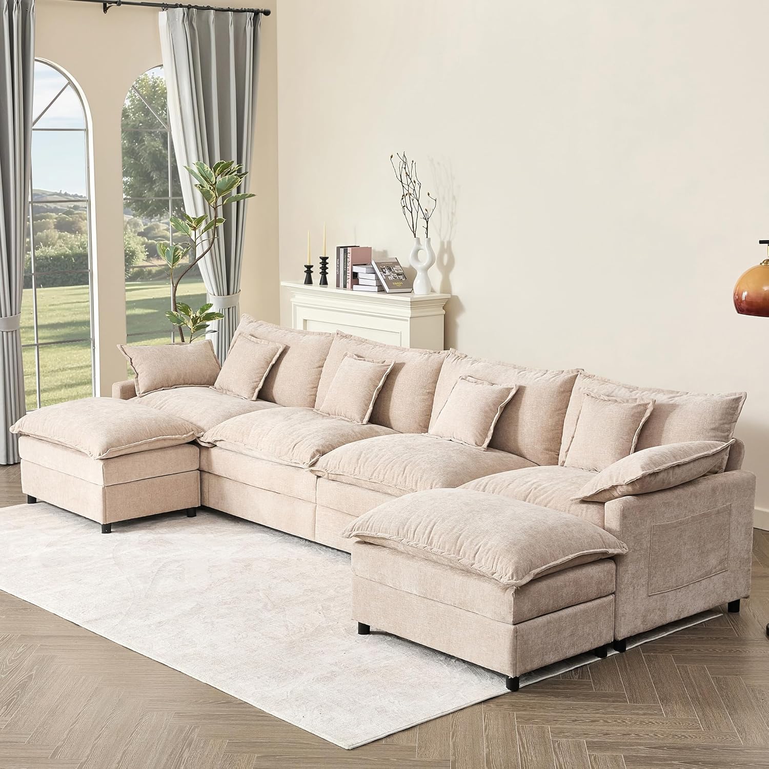 108 U Shaped Couch, Modular Sectional Sofa, 3-Seater Comfy Cloud Couch with Movable Ottoman, Deep Seat Couches for Living Room, Chenille, Slate