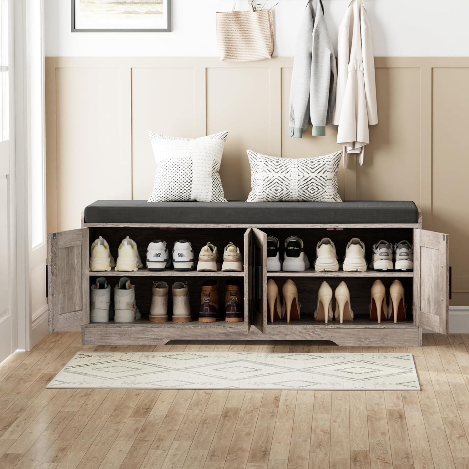 2-Tier Storage Bench, Shoe Bench with Thickened Padded Seat Cushion, Entryway Bench with 4 Doors, Adjustable Shelf