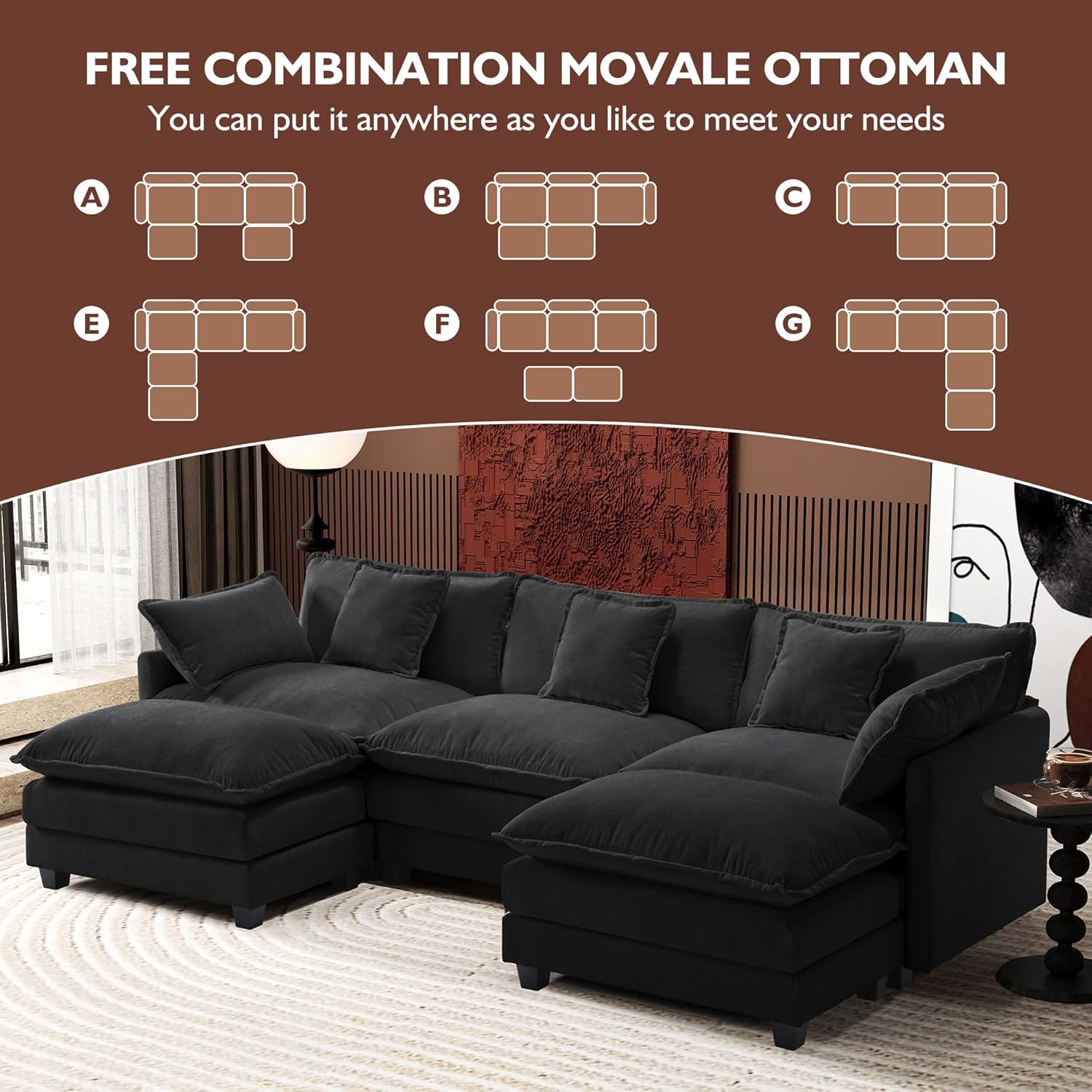 111.4 Inch L-Shaped Modern Sofa Modular Cloud Sofa Ottoman 4-Seater Chenille Deep Seat Sofa