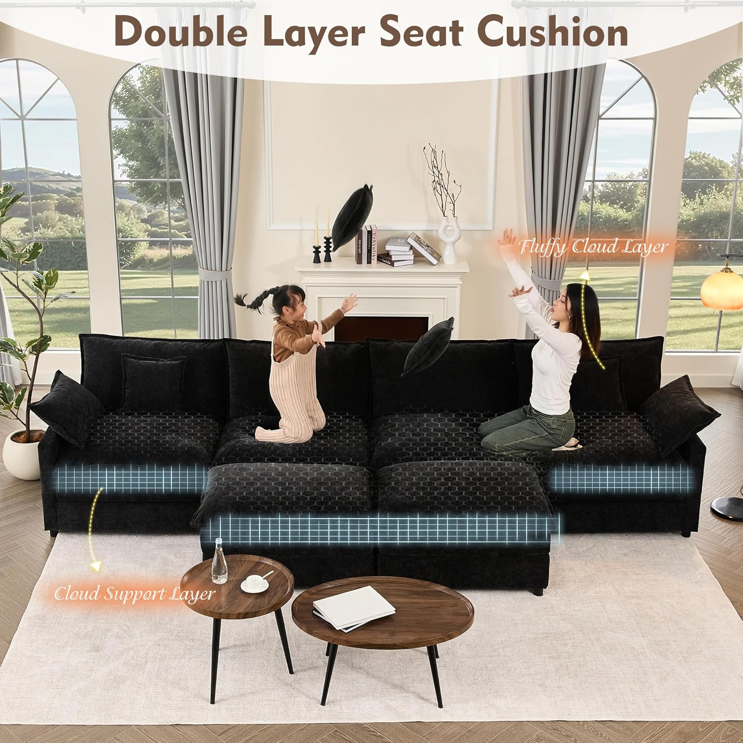 108 U Shaped Couch, Modular Sectional Sofa, 3-Seater Comfy Cloud Couch with Movable Ottoman, Deep Seat Couches for Living Room, Chenille, Slate