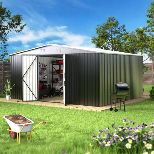 14 x 12 ft Outdoor Storage Shed, Metal Waterproof Storage Shed Steel Utility Garden Tool Shed