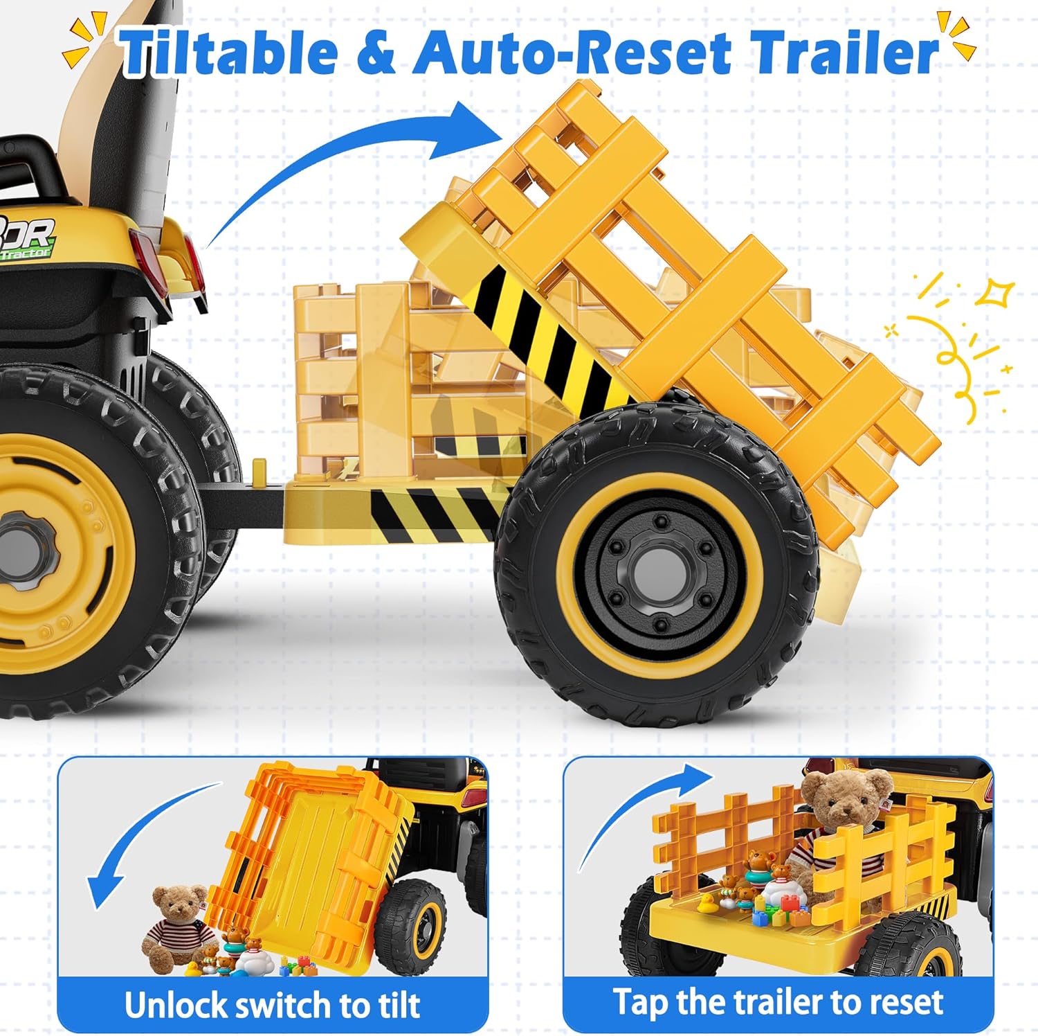 24V Ride On Tractor w/Tiltable & Detachable Trailer, 2x65W Motors, EVA Tires, Remote Control, Bluetooth, Shifter, Music, Electric Car for Kids, Green