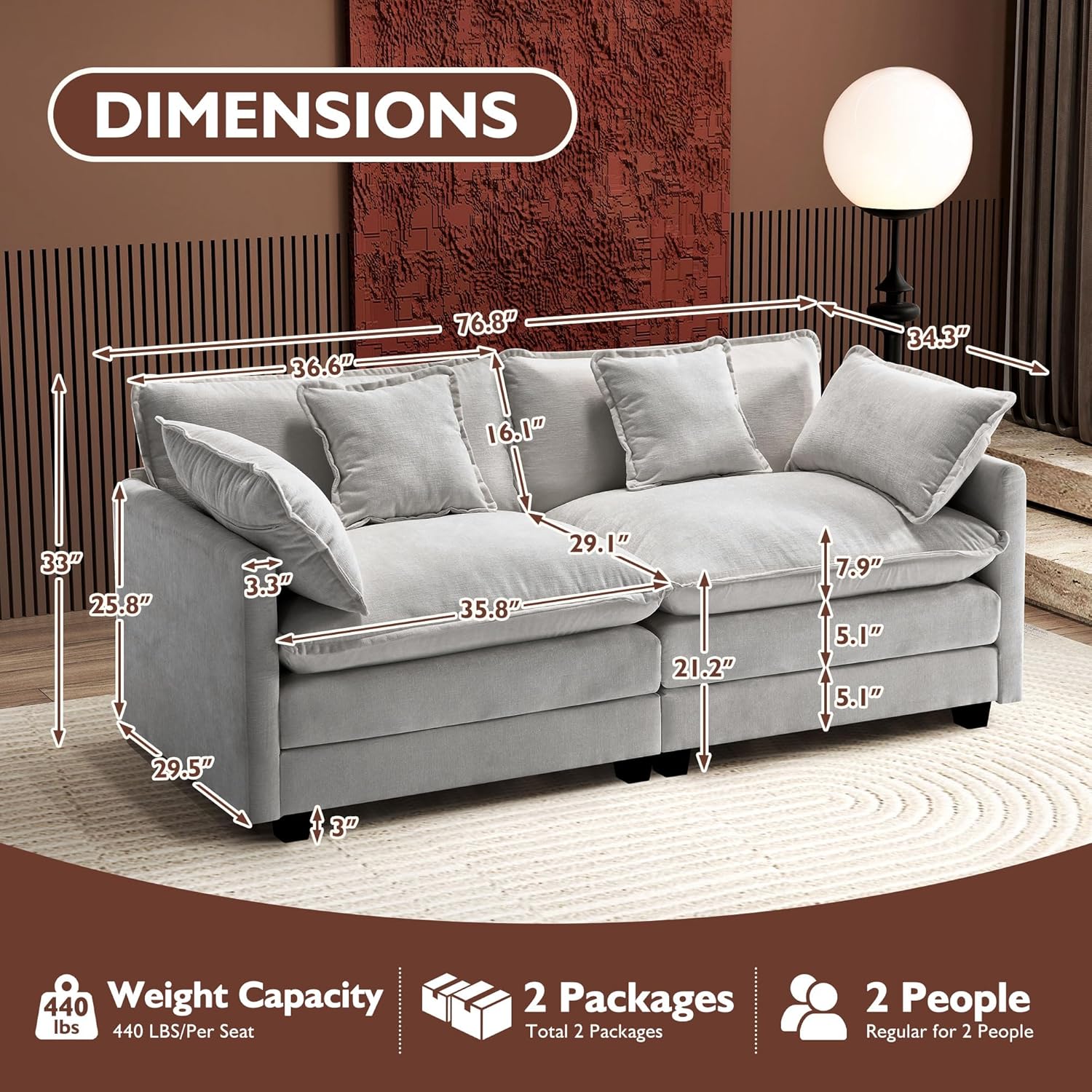 111.4 Inch L-Shaped Modern Sofa Modular Cloud Sofa Ottoman 4-Seater Chenille Deep Seat Sofa