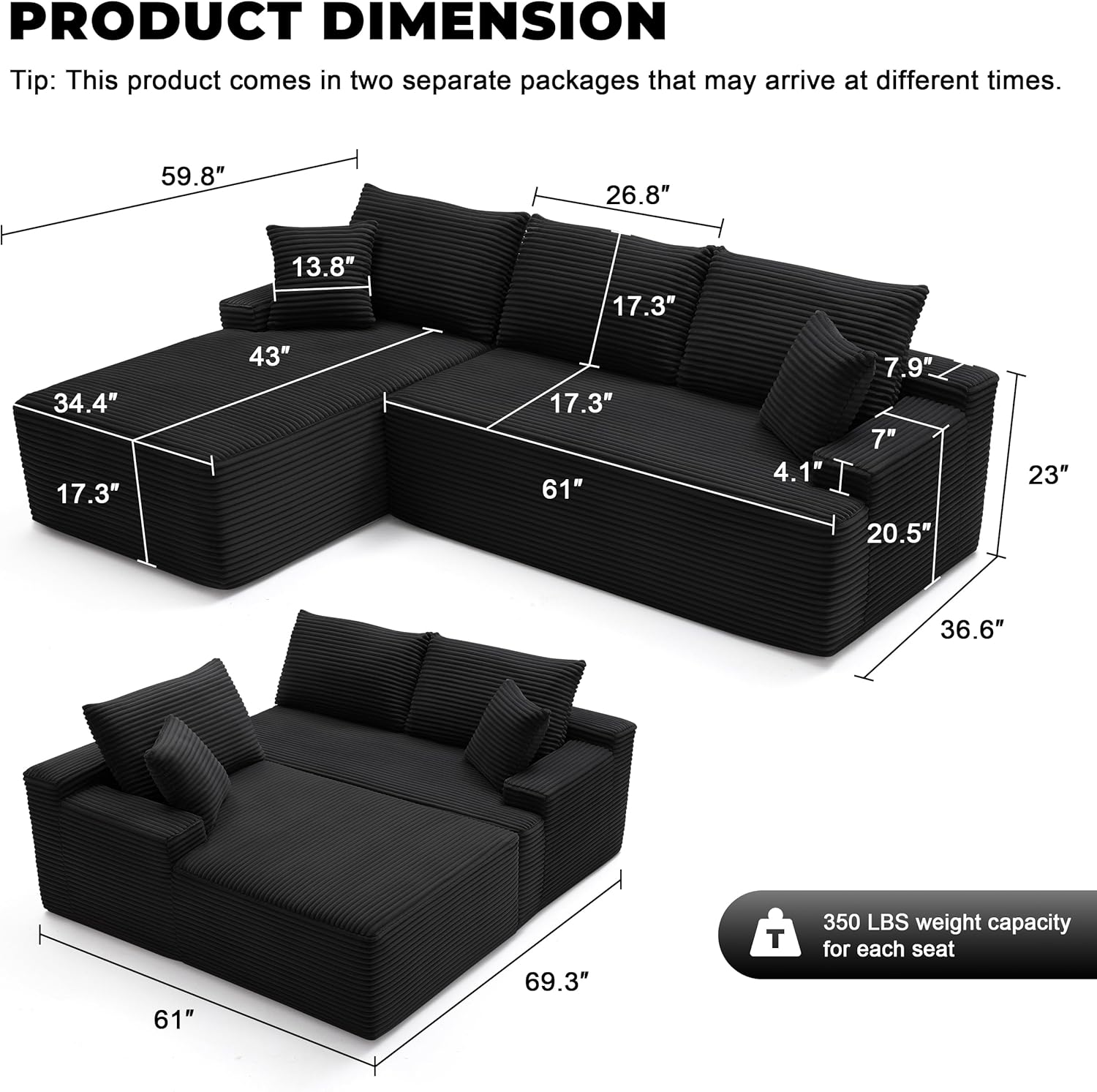 110 Cloud Sectional Couch, Boneless Sofa for Living Room Modular Sectional Sofa with Deep Seat