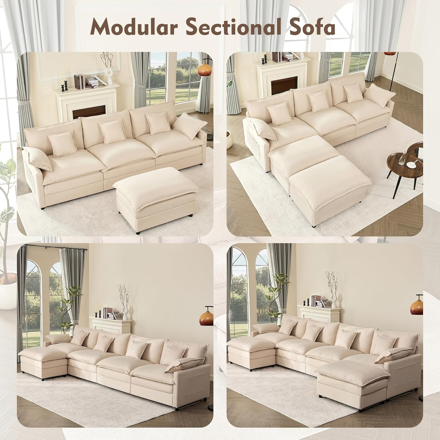 108 U Shaped Couch, Modular Sectional Sofa, 3-Seater Comfy Cloud Couch with Movable Ottoman, Deep Seat Couches for Living Room, Linen, Beige
