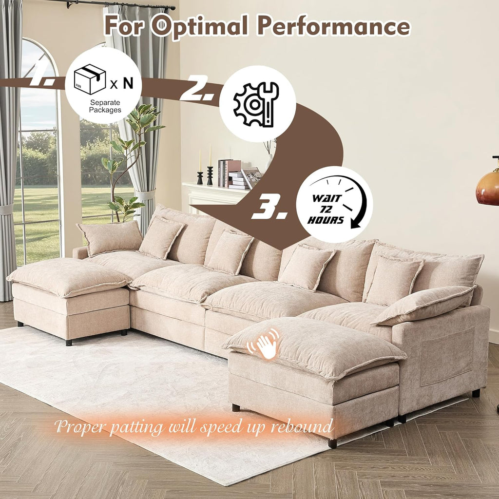 108 U Shaped Couch, Modular Sectional Sofa, 3-Seater Comfy Cloud Couch with Movable Ottoman, Deep Seat Couches for Living Room, Linen, Beige