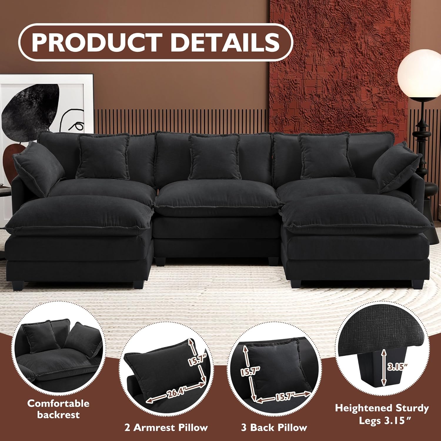 111.4 Inch L-Shaped Modern Sofa Modular Cloud Sofa Ottoman 4-Seater Chenille Deep Seat Sofa