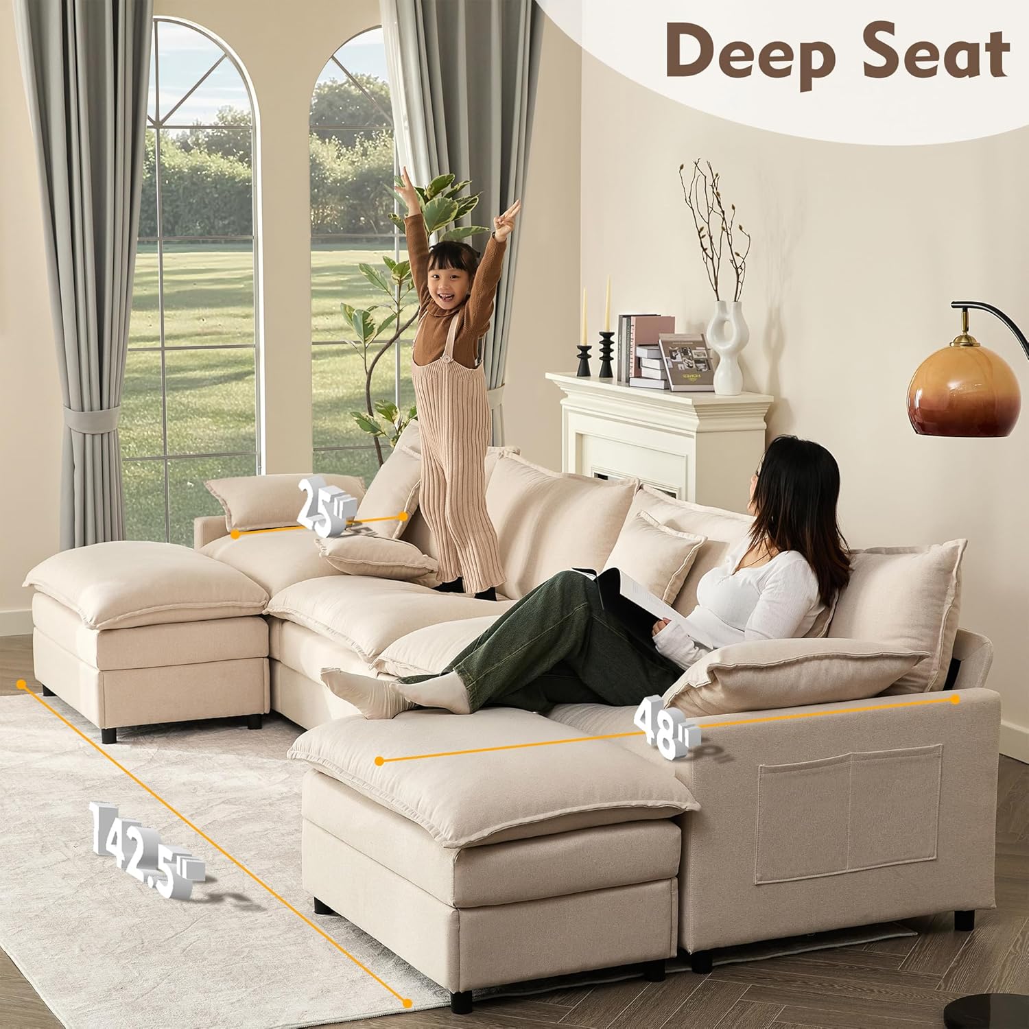 108 Inch U Shape Sofa Sectional Sofa Comfortable Cloud Sofa with Removable Footstool
