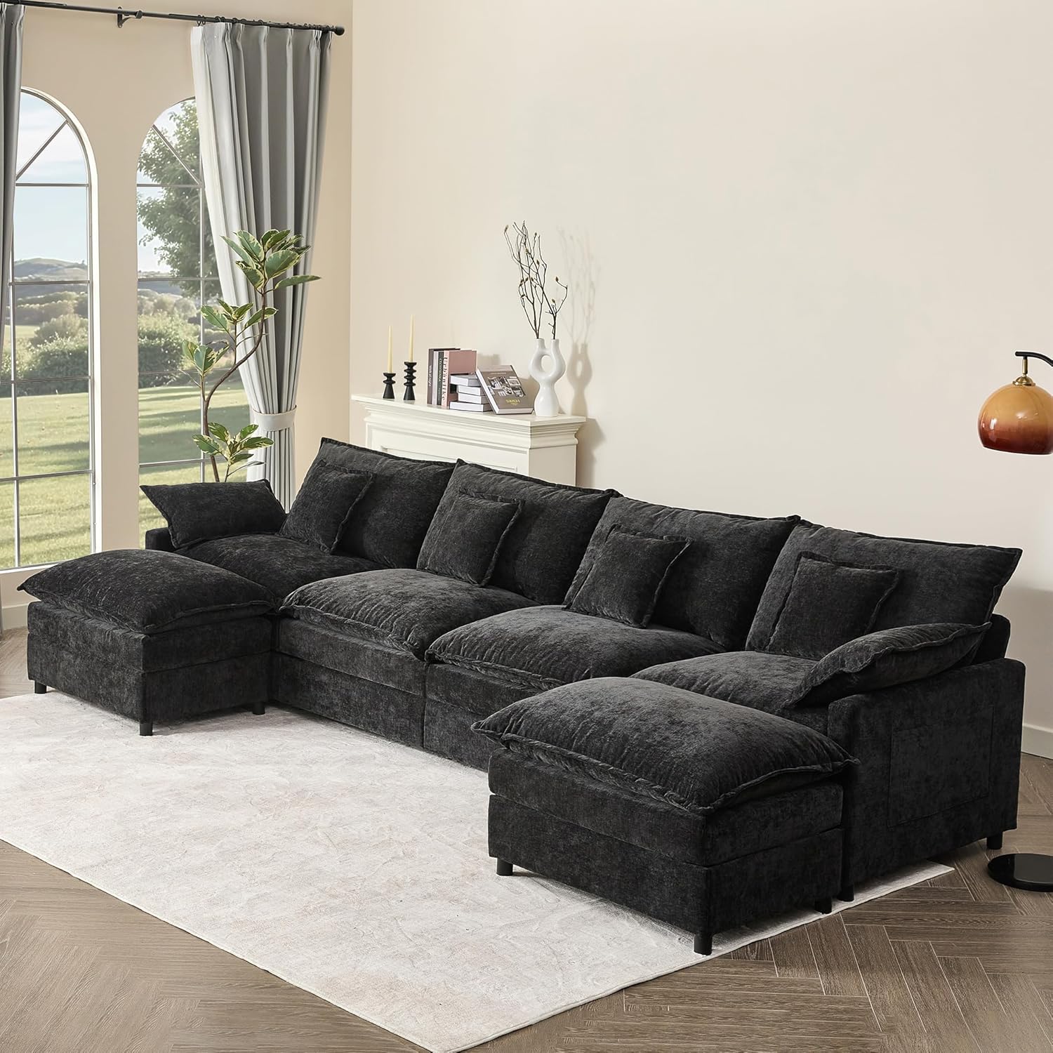 108 U Shaped Couch, Modular Sectional Sofa, 3-Seater Comfy Cloud Couch with Movable Ottoman, Deep Seat Couches for Living Room, Chenille, Slate