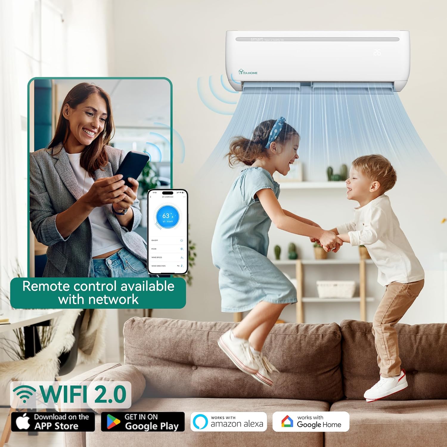 12000 BTU Mini Split Air Conditioner Heat Pump System, Wifi Enabled 20 SEER2 115V Inverter Ductless AC Cool Up to 750 Sq. Ft, Compatible with Alexa, Complete Installation Kit, White