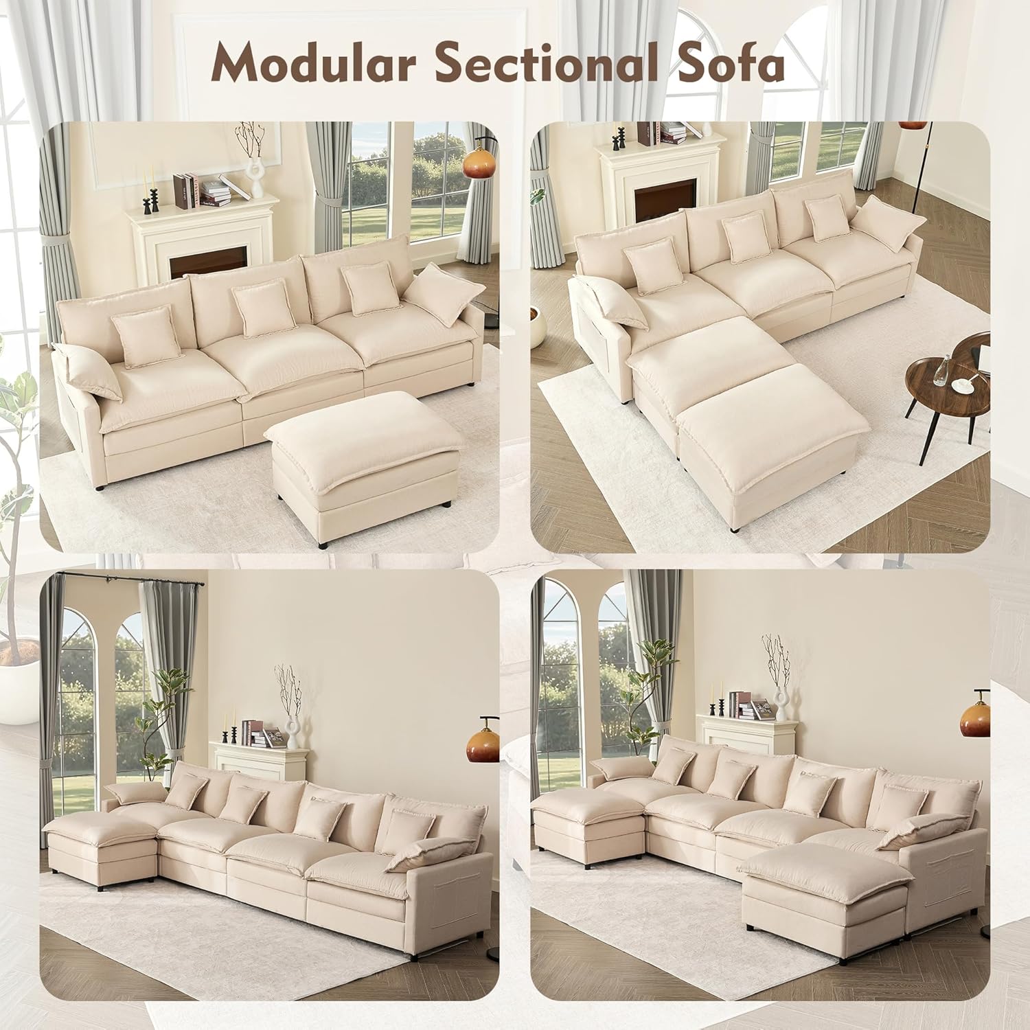 108 U Shaped Couch, Modular Sectional Sofa, 3-Seater Comfy Cloud Couch with Movable Ottoman, Deep Seat Couches for Living Room, Linen, Beige
