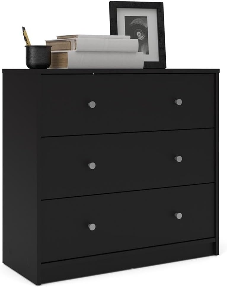 3-Pc Scandinavian Design Engineered Wood Bedroom Furniture Set with 3-Drawer Chest & 6-Drawer Double Dresser & 1-Drawer Nightstand, Pewter Plastic Handles, Smooth Plastic Glides, in Black