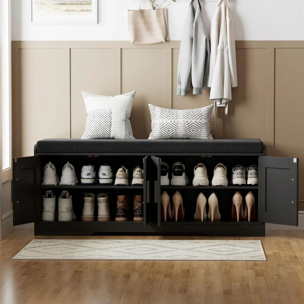 2-Tier Storage Bench Shoe Bench with Thickened Padded Seat Cushion Entryway Bench