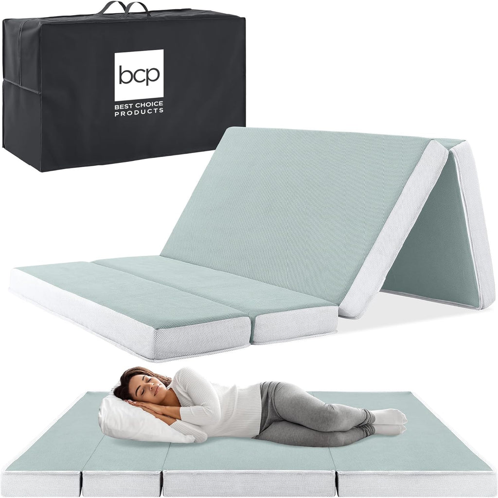 4in Portable Queen-Size Mattress, Tri-Fold Mattress for Camping, Guest, Toddler