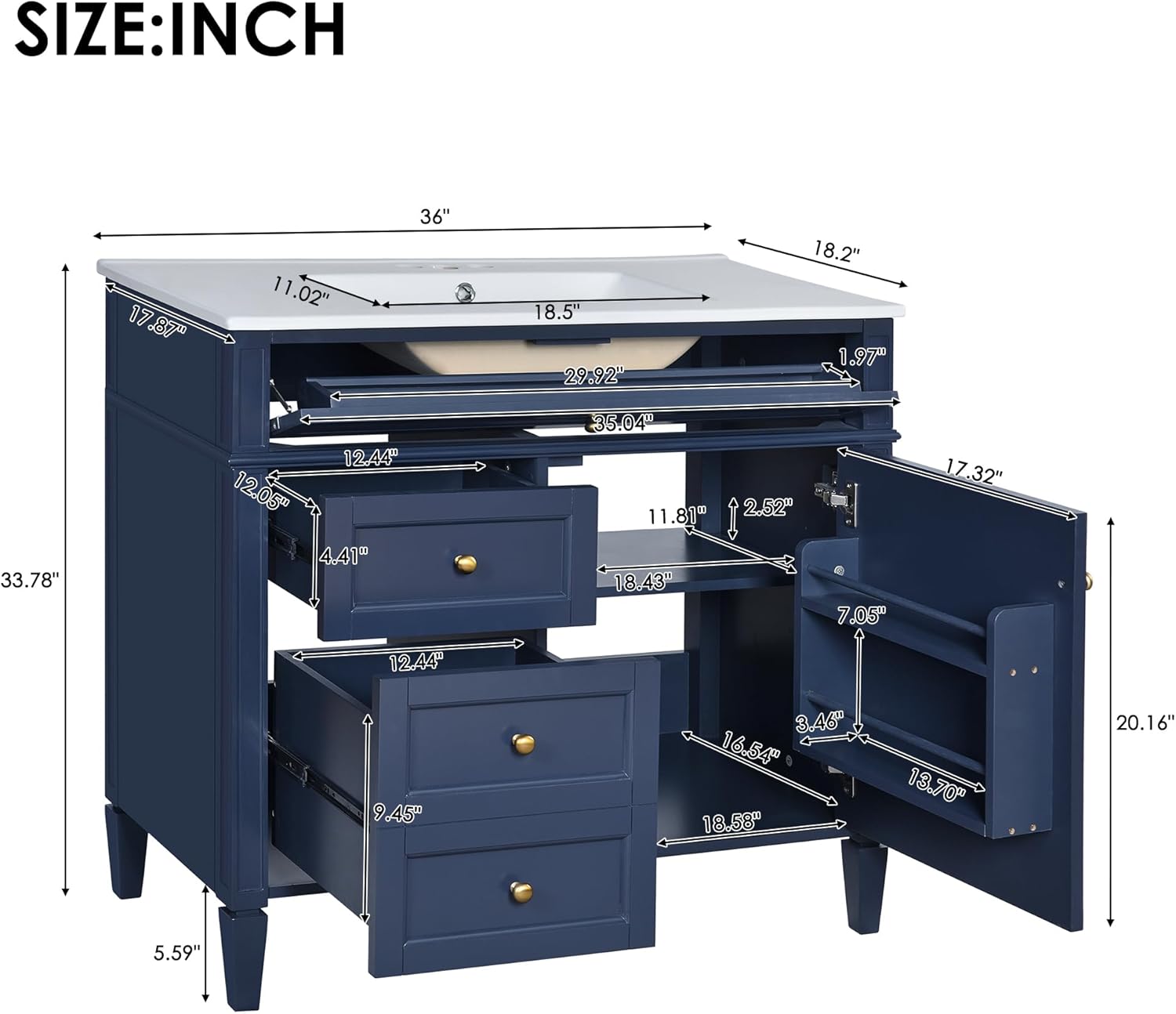 36" Bathroom Vanity with Single Sink Combo, Modern Undermount Bathroom Sink Cabinet with 2 Drawers and a Tip-Out Drawer, Freestanding Bathroom Vanities, Soft Closing, Solid Wood Frame