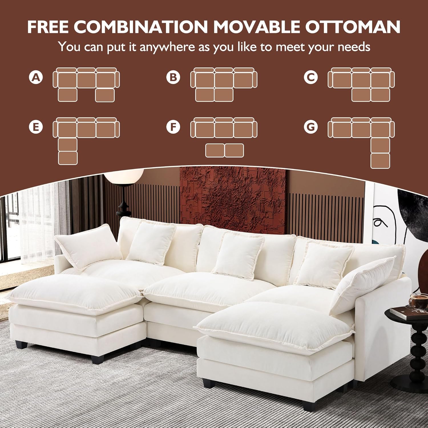 111.4 Inch L-Shaped Modern Sofa Modular Cloud Sofa Ottoman 4-Seater Chenille Deep Seat Sofa