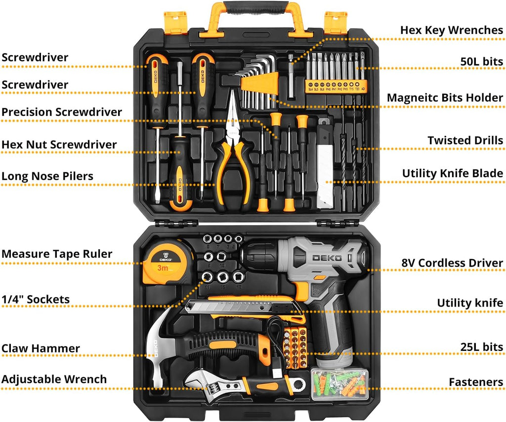 DEKOPRO Tool Set锛 Tool Kit with 8V Cordless Drill,Tool Box with Drill,Hand Drill Set for Men & Women,Home Tool Kits for House Repair,Handyman,DIY 126 Piece