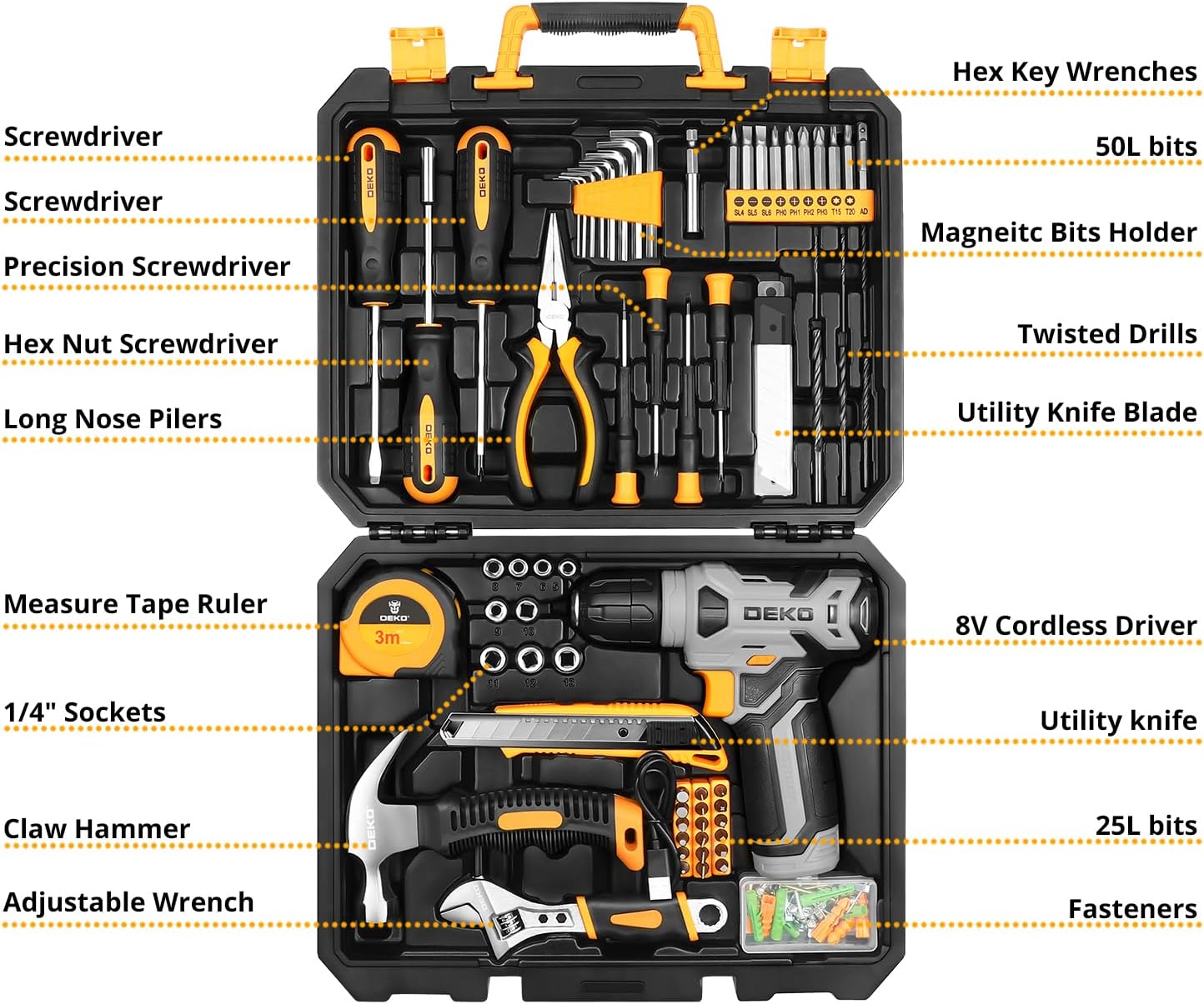 DEKOPRO Tool Set:Tool Kit with 8V Cordless Drill,Tool Box with Drill,Hand Drill Set for Men & Women,Home Tool Kits for House Repair,Handyman,DIY 126 Piece