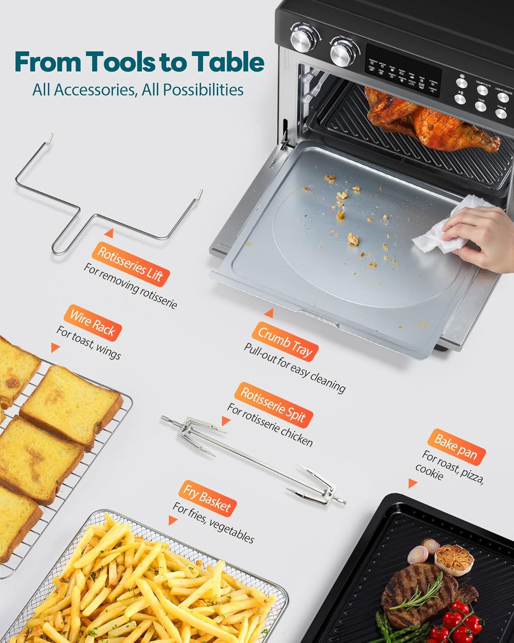 28QT Air Fryer Toaster Oven Combo, Large 12-in-1 Convection Countertop Oven with 3-Layer Cooking, Rotisserie for Chicken, 6 Heating Tubes, Fast Preheat, Fits 11" Pizza, Full Accessories, Sparkle Black