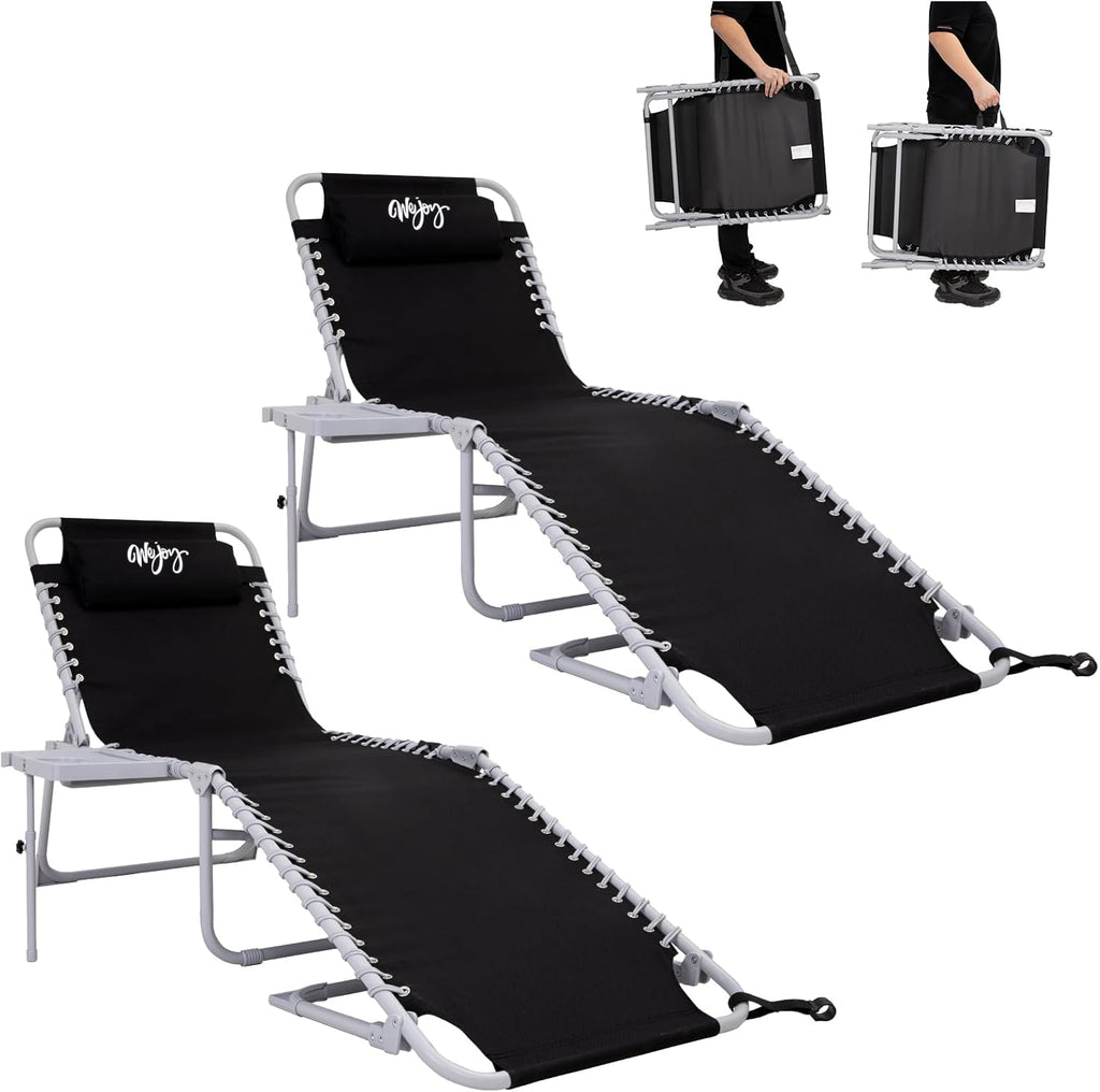 2 Pack Outdoor Chaise Lounge Chair - Portable Folding Patio Pool Lounge Chair, 5 Positions Adjustable Reclining Camping Chair with Side Table,Shoulder Strap, Pillow for Beach Sunbathing Lawn