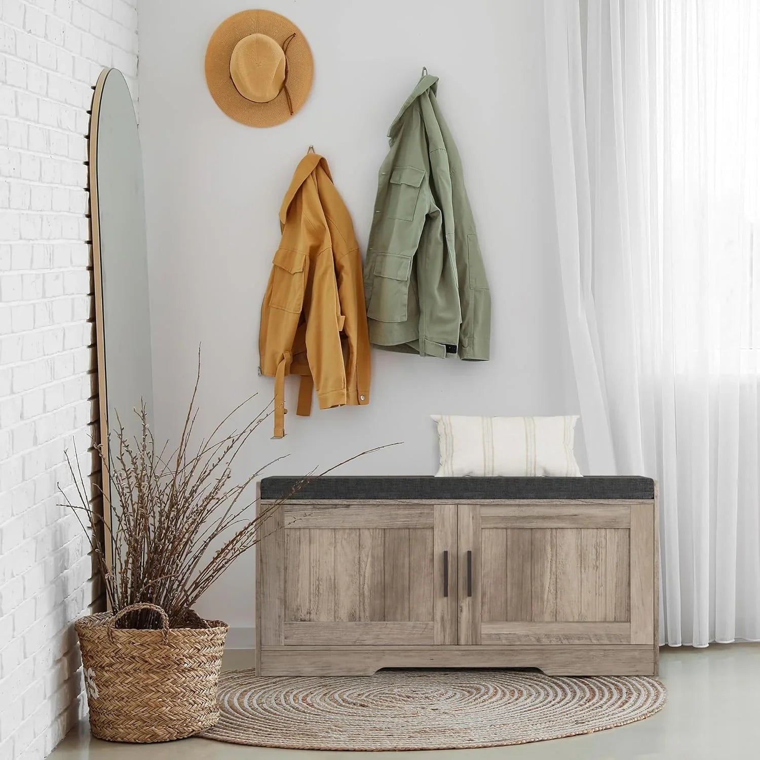 2-Tier Storage Bench Shoe Bench with Thickened Padded Seat Cushion Entryway Bench