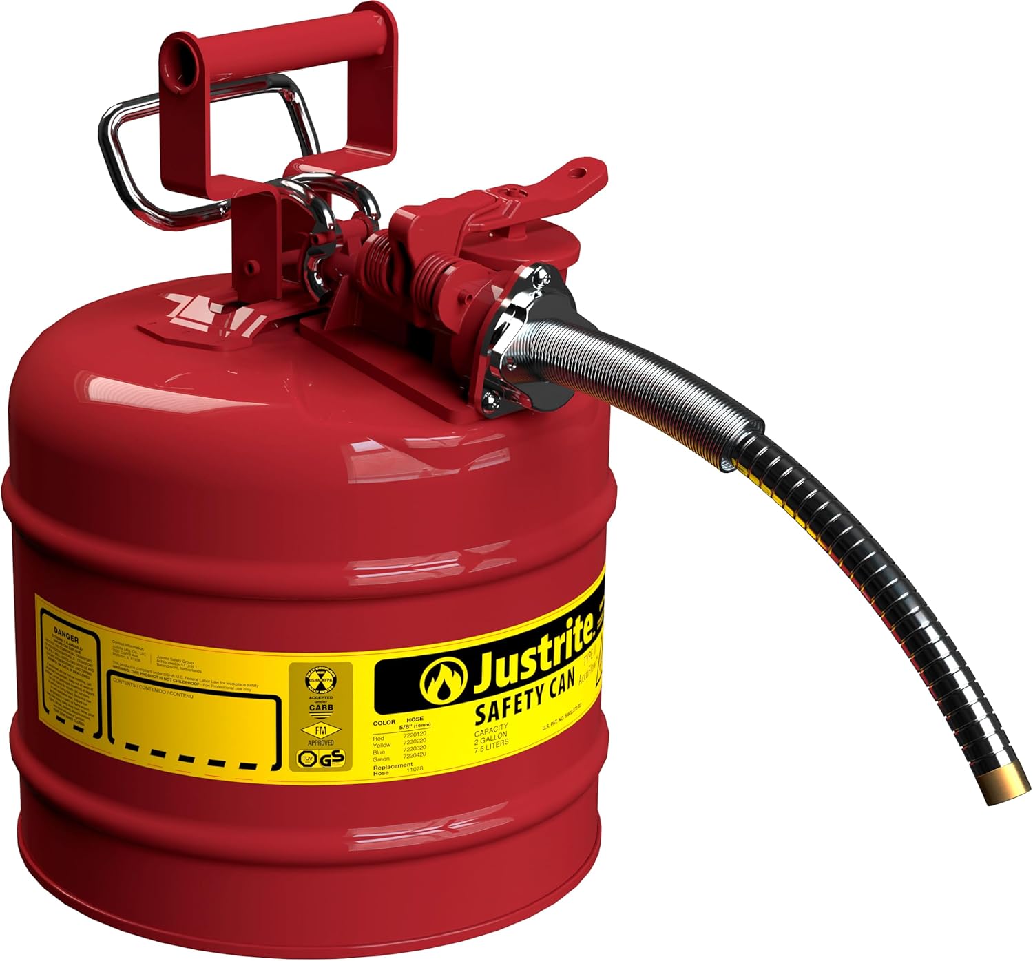 Justrite 5-Gallon Type II Red Safety Gas Can OSHA-Approved Steel Fuel Container with Flame Arrester, Self-Closing Lid & 1" Flexible Spout (7250130)