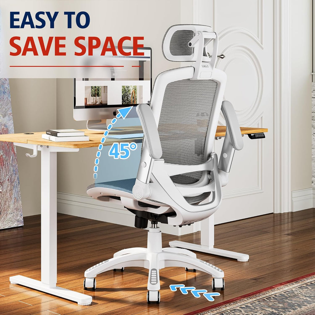 GABRYLLY Ergonomic Office Chair, High Back Home Desk Chair with Headrest, Flip-Up Arms, 90-120° Tilt Lock and Wide Cushion, Big and Tall Mesh Chairs for Man Woman, Black Task Chair