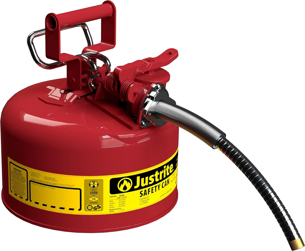 Justrite 5-Gallon Type II Red Safety Gas Can OSHA-Approved Steel Fuel Container with Flame Arrester, Self-Closing Lid & 1" Flexible Spout (7250130)