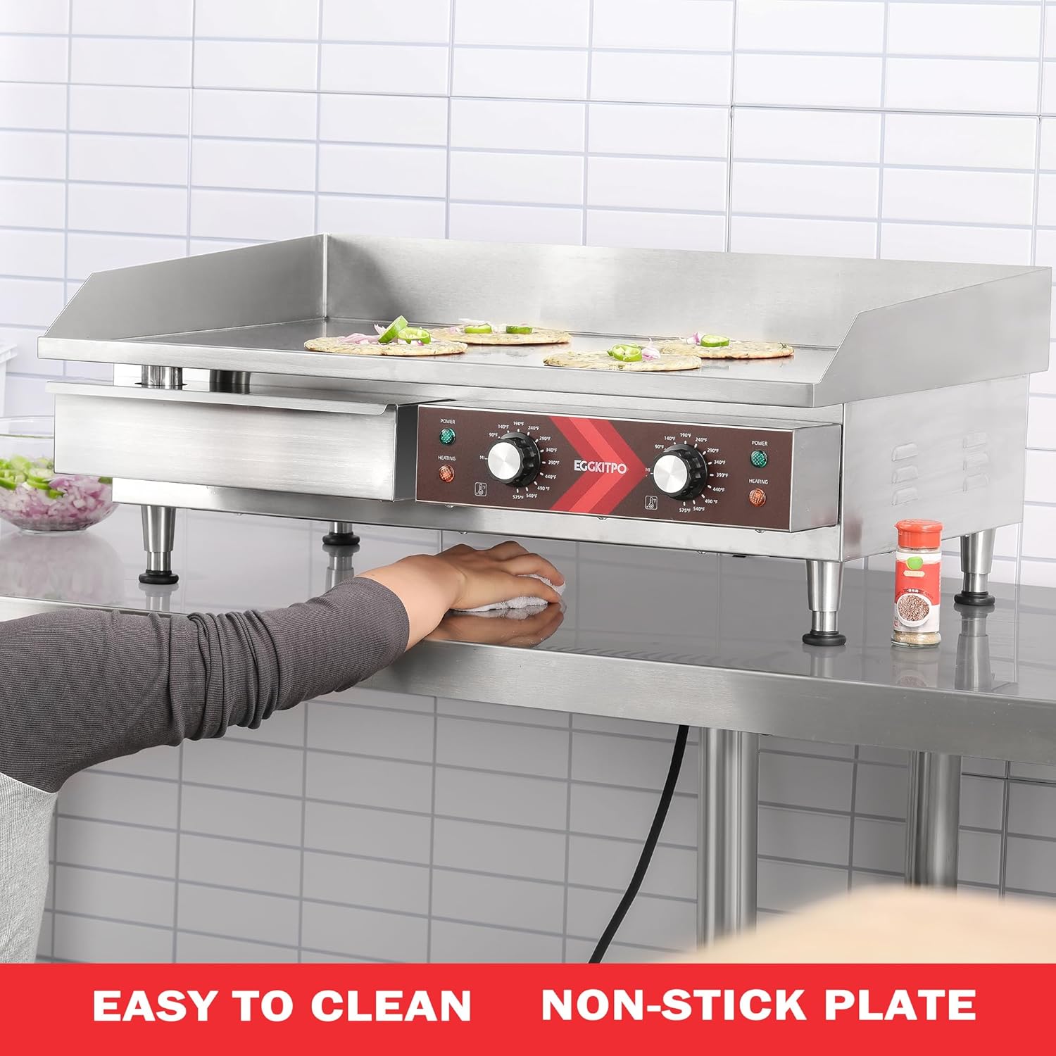 14 Inch Electric Griddle, Non-Stick Flat Top Grill Commercial Electric Countertop Griddles Stainless Steel Adjustable Temperature Control 90掳F-575掳F for Home or Restaurant Use