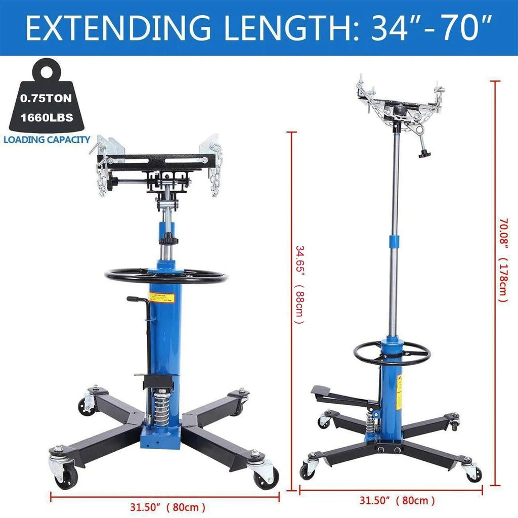 1660 Pounds Hydraulic Car Transmission Jack Vertical Lift with 360掳 Swivel Wheel Pedal ,Blue,33"-70"(0.75Ton)
