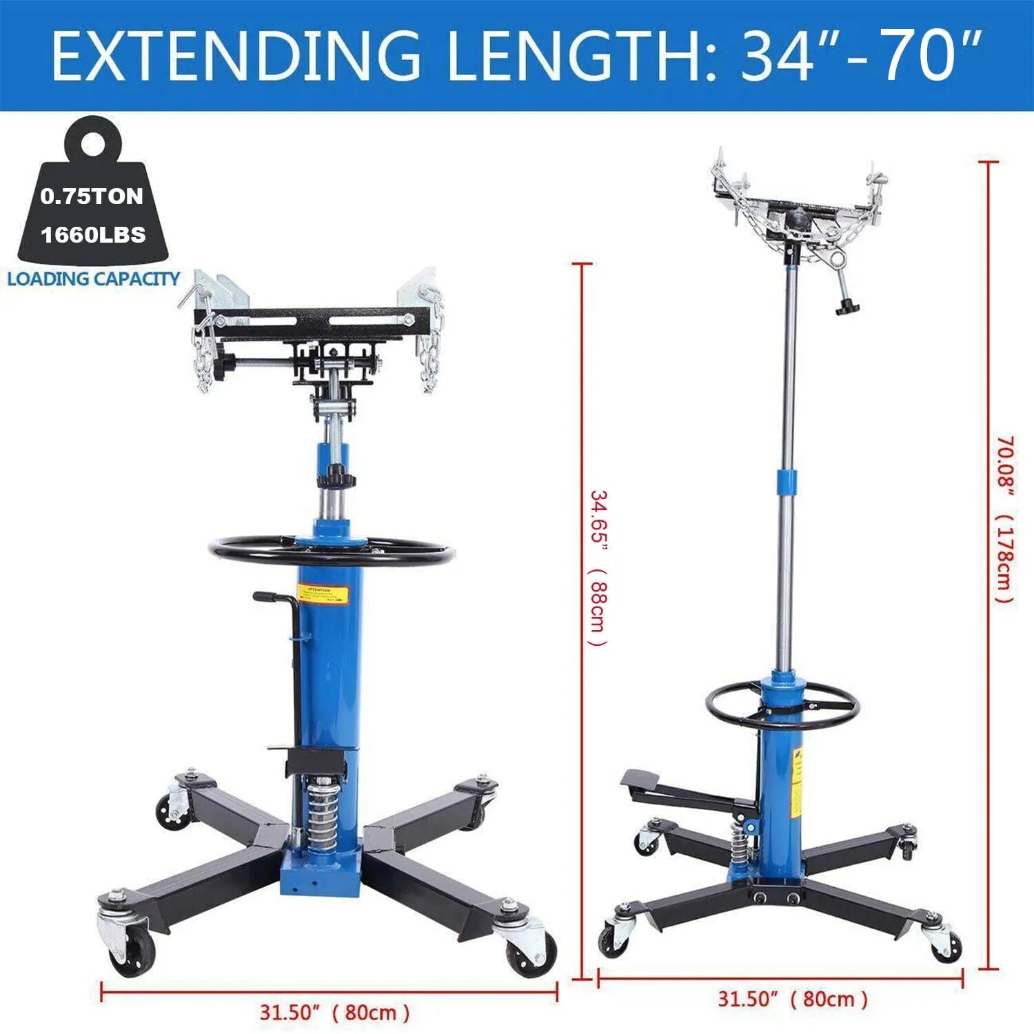 1660 Pounds Hydraulic Car Transmission Jack Vertical Lift with 360掳 Swivel Wheel Pedal ,Blue,33"-70"(0.75Ton)