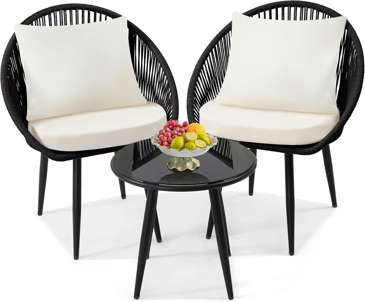 3 Piece Bistro Set Woven Rope Chair with Cushions All Weather Patio Conversation Set Side Table