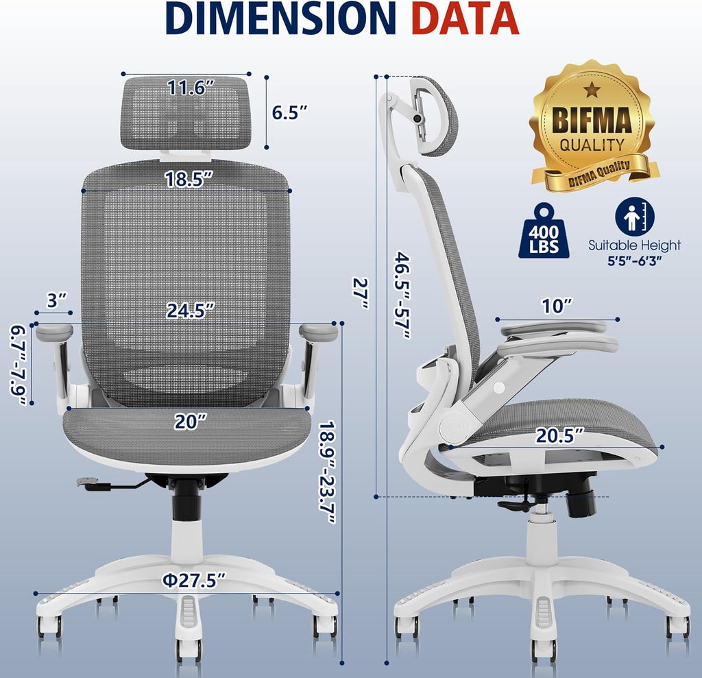 GABRYLLY Ergonomic Office Chair, High Back Home Desk Chair with Headrest, Flip-Up Arms, 90-120° Tilt Lock and Wide Cushion, Big and Tall Mesh Chairs for Man Woman, Black Task Chair