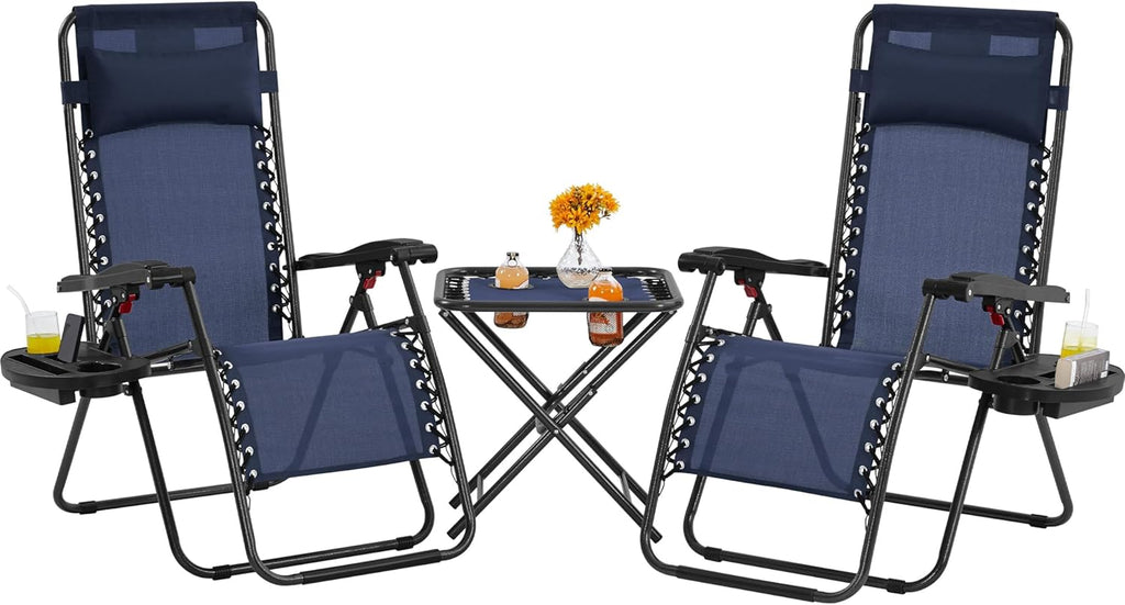 3PCS Zero Gravity Recliner Portable Outdoor Reclining Chair Set w/Side Table Folding Chaise Lounge Chairs