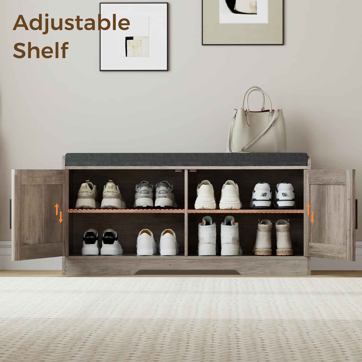 2-Tier Storage Bench, Shoe Bench with Thickened Padded Seat Cushion, Entryway Bench with 4 Doors, Adjustable Shelf, 13.8" D x 45.3" W x 18.5" H, for Entryway, Living Room, Bedroom, White