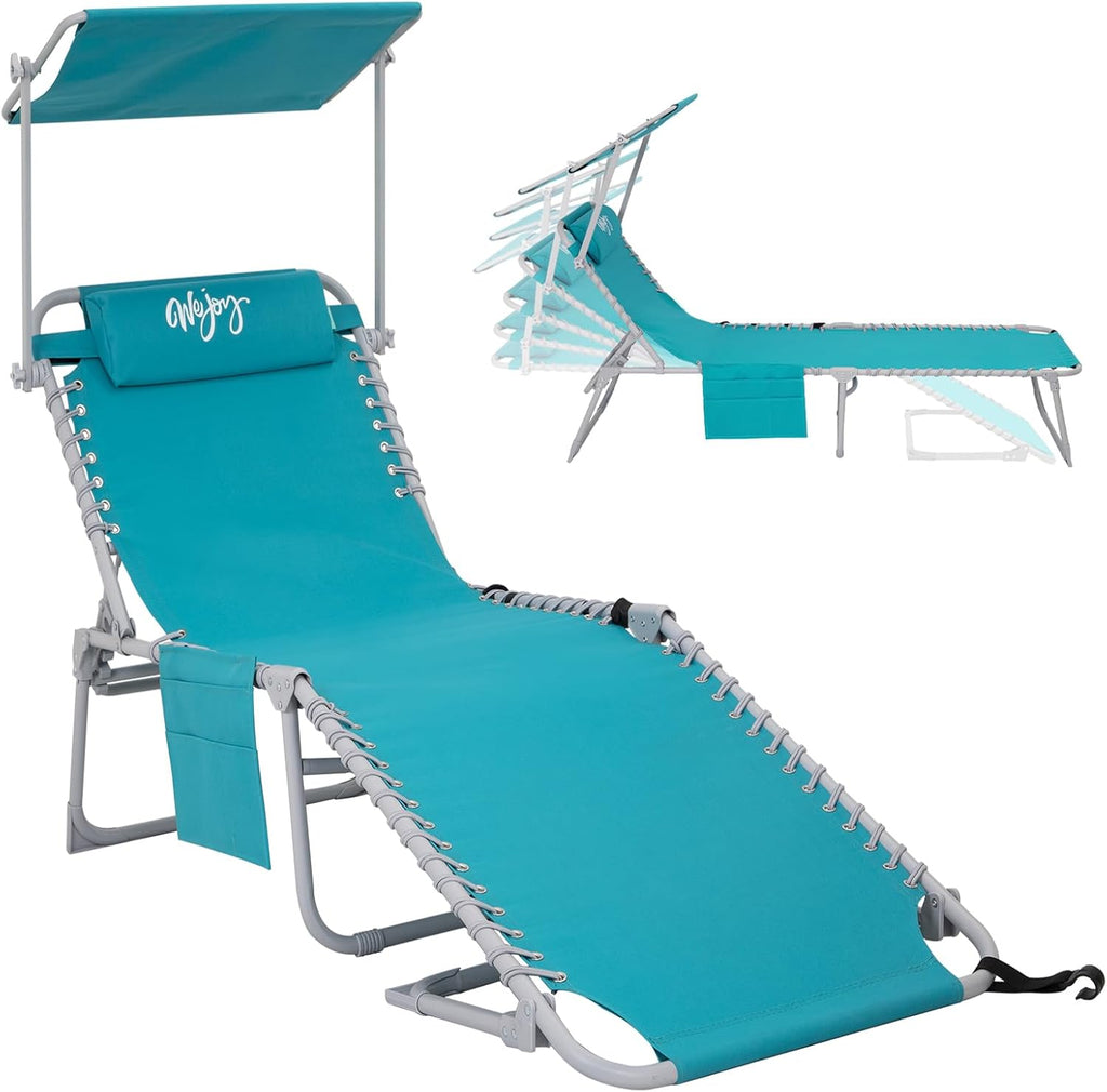 2 Pack Outdoor Chaise Lounge Chair - Portable Folding Patio Pool Lounge Chair, 5 Positions Adjustable Reclining Camping Chair with Side Table,Shoulder Strap, Pillow for Beach Sunbathing Lawn