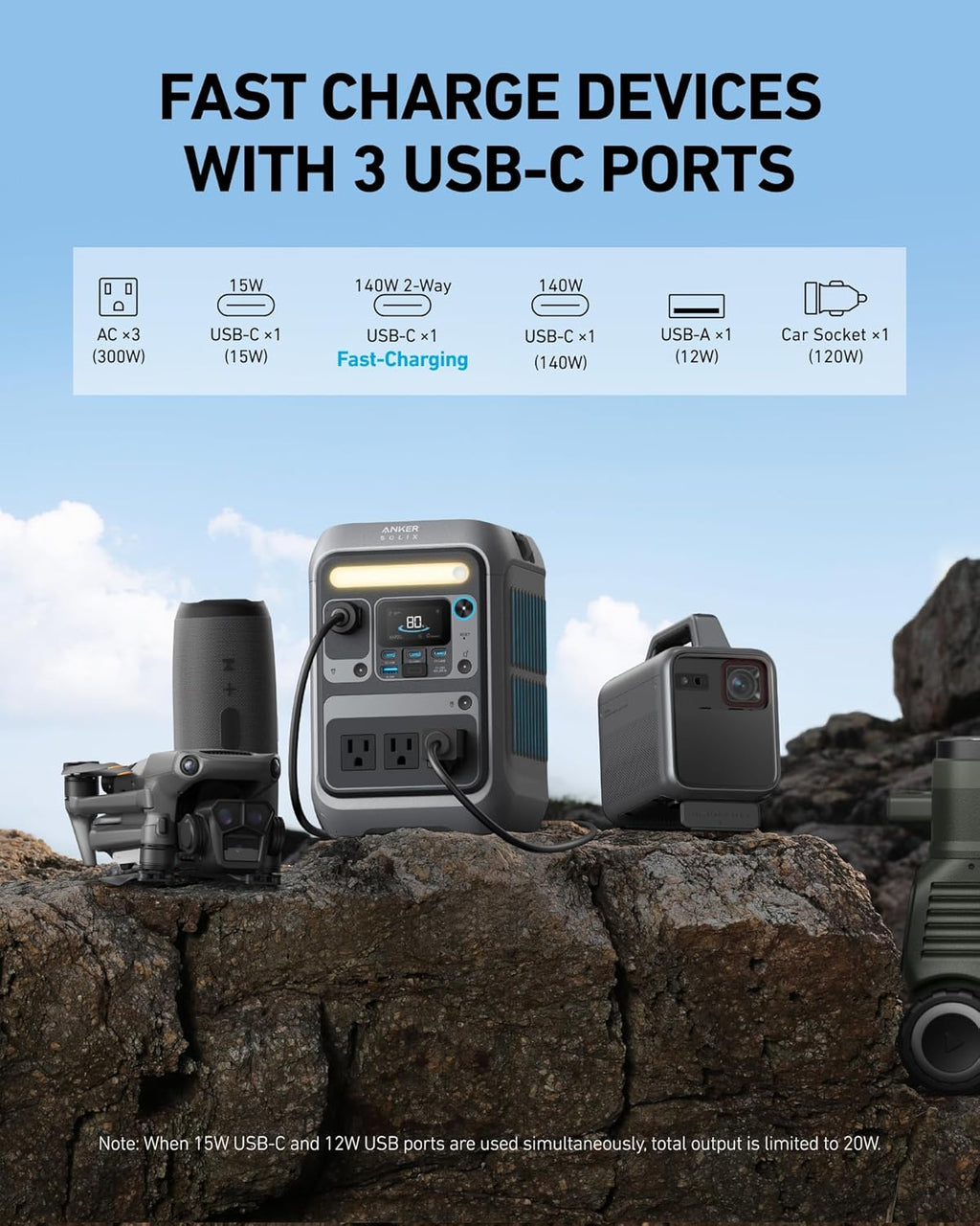 Anker Solar Generator SOLIX C300 with 60W Solar Panel, 288Wh Portable Power Station, 300W (600W Surge), LiFePO4 Battery, 140W Two-Way Fast Charging, for Outdoor Camping, Traveling, and Emergencies